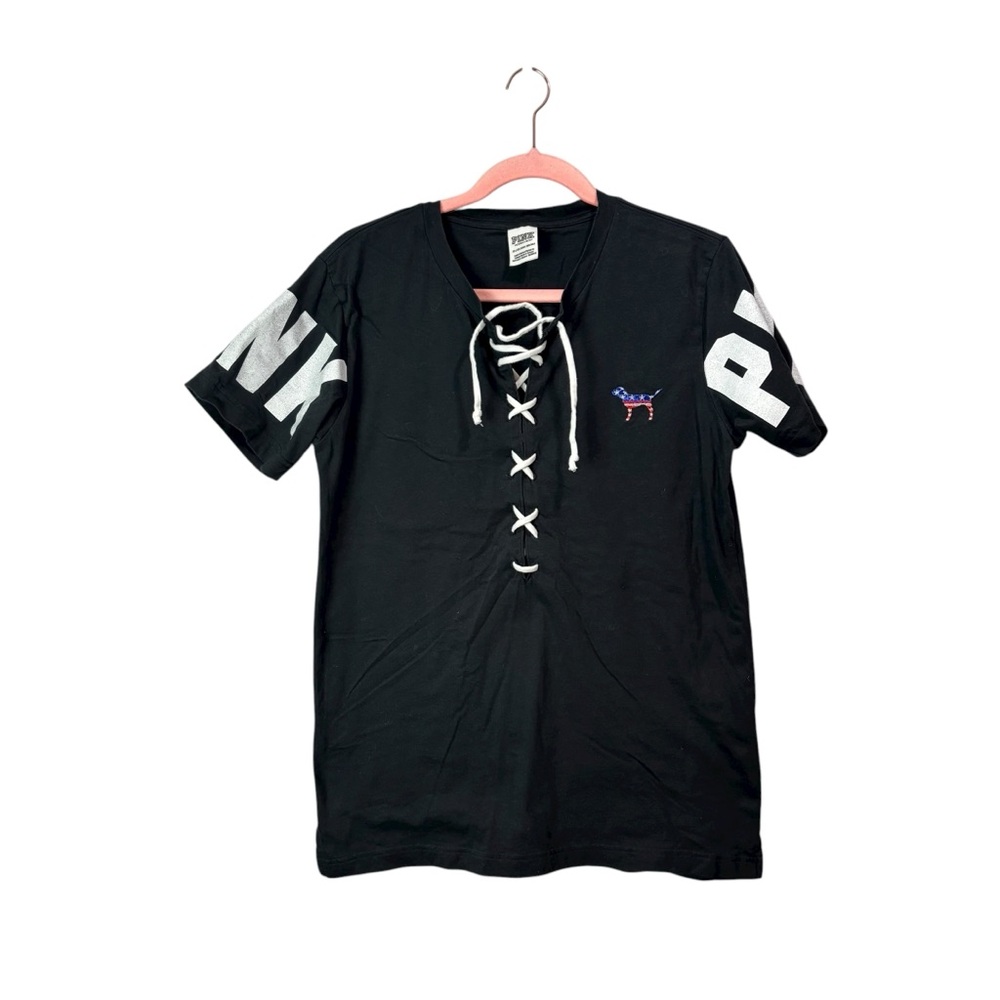 PINK Victoria's Secret lace up t-shirt oversized loose fit black white size XS